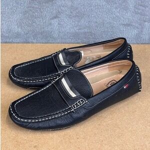 Phat Classic Mens Black‎ Pebbled Leather Driving Loafers Striped Band Moc Toe